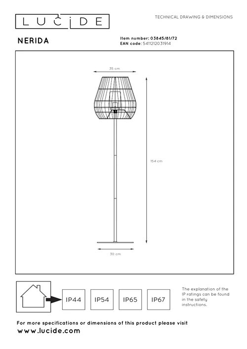 Lucide NERIDA - Lampadaire Intérieur/Extérieur - Ø 35 cm - 1xE27 - IP44 - Naturel - technique